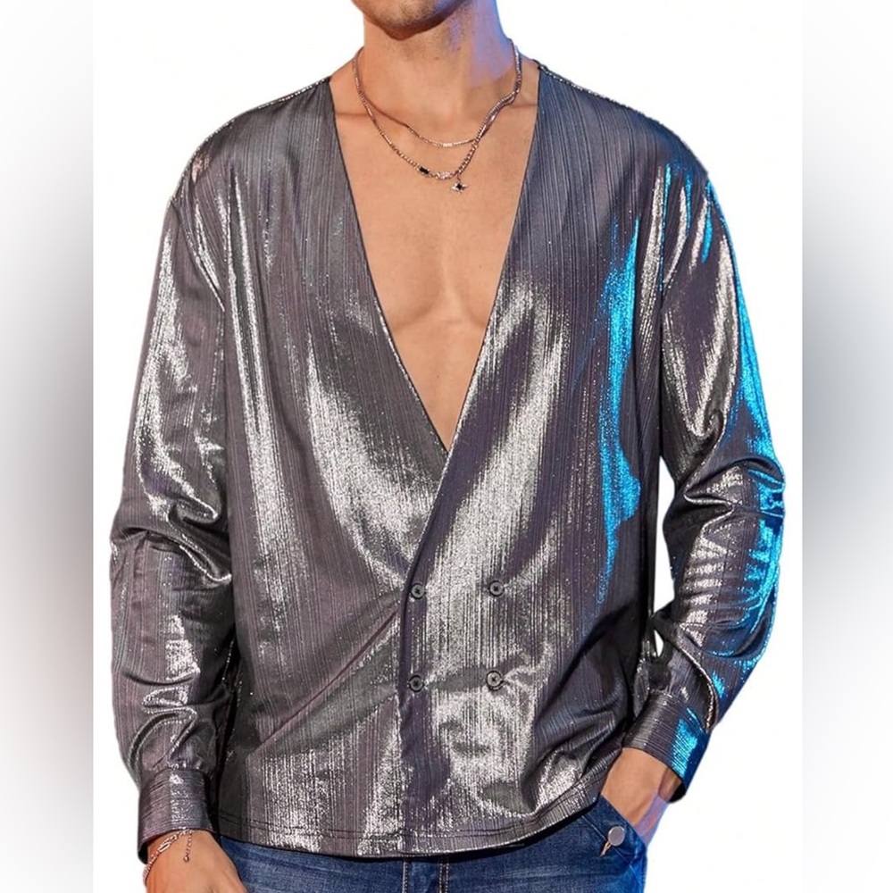 WDIRARA men’s size small metallic gunmetal silver open front double breasted top